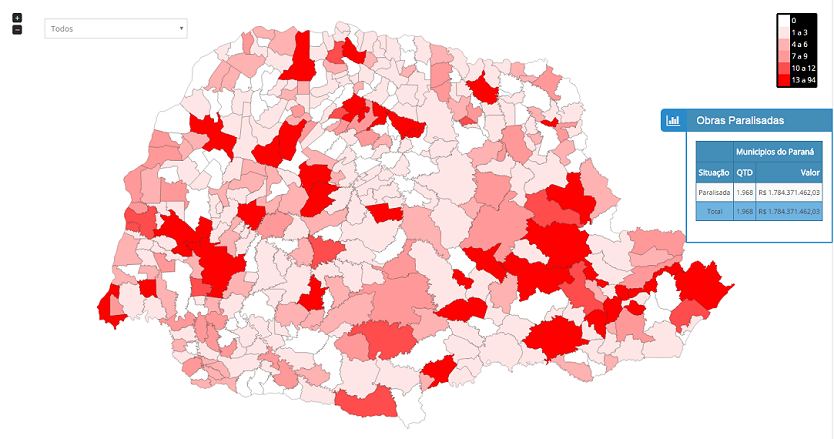 Mapa gerado pelo Programa Informação para Todos indica as 1.966 obras municipais que atualmente estão paradas.