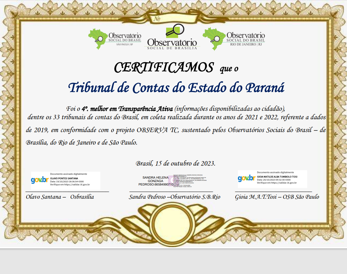 Certificado que confere ao TCE-PR a quarta colocação na área de Transparência Ativa, entre os 33 Tribunais de Contas brasileiros.
