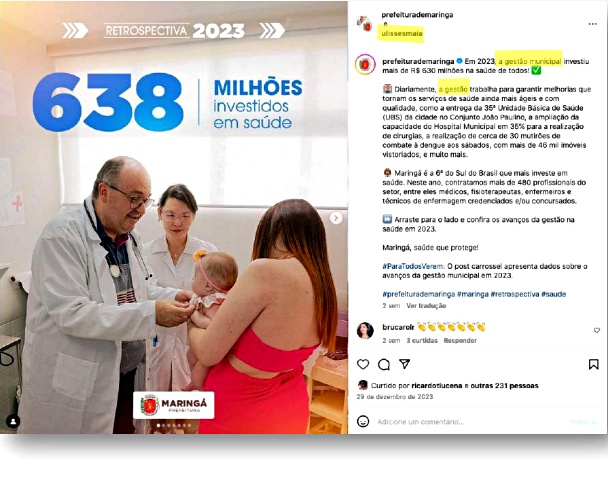 Postagem da Prefeitura de Maringá na rede social Instagram que, segundo Denúncia recebida pelo TCE-PR, configuraria promoção pessoal do prefeito. Imagem: Reprodução