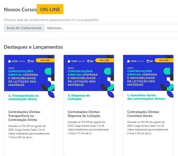 Três módulos da série online "Contratações Diretas: Dispensa e Inexigibilidade de Licitação sem Mistérios" estão disponíveis no portal da Escola de Gestão Pública do TCE-PR.