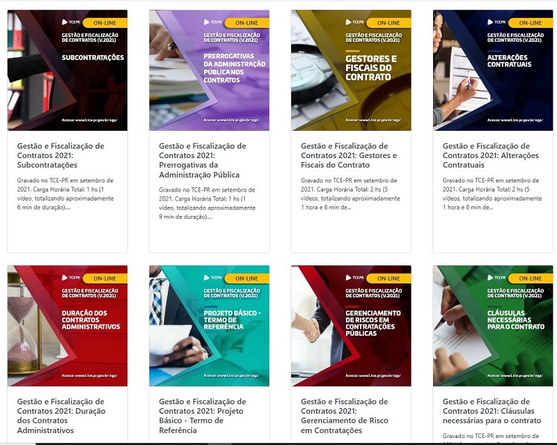 A Escola de Gestão Pública do TCE-PR disponibiliza, em seu portal, uma série de cursos online gratuitos sobre licitação e gestão de contratos.