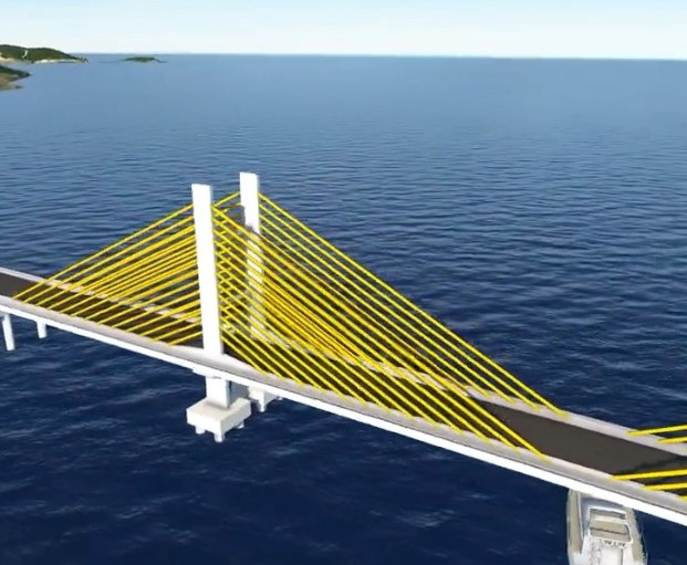 Perspectiva artística da futura ponte sobre a Baía de Guaratuba, na PR-412, ligando os municípios paranaenses de Matinhos e Guaratuba. Imagem: Divulgação/DER-PR