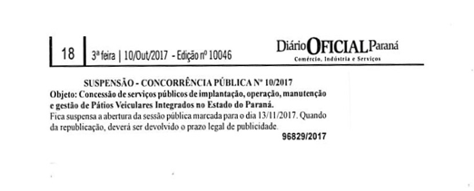 Publicação no Diário Oficial suspende licitação do Detran-PR