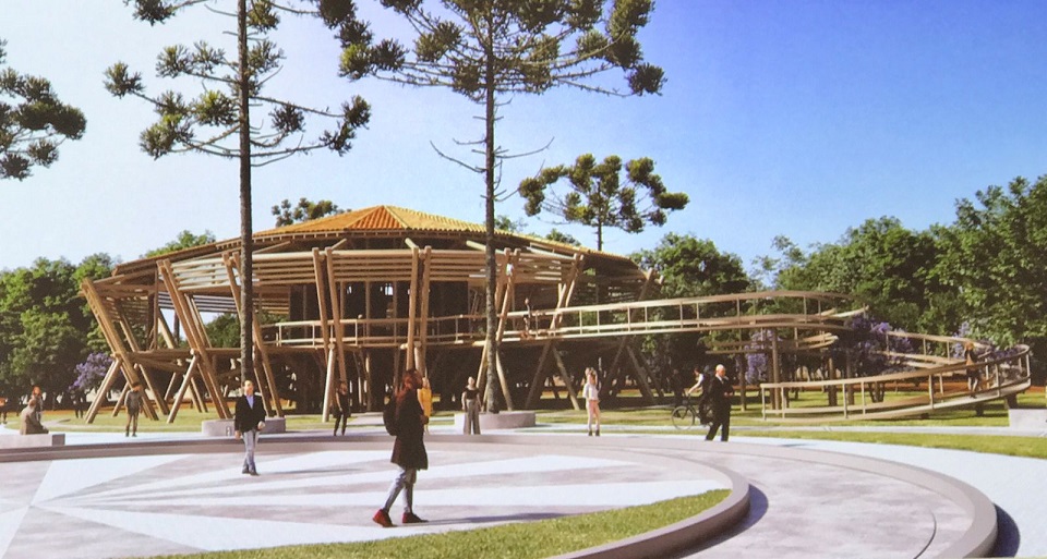 Imagem de simulação do anteprojeto Espaço Àgora, que será construído com arquitetura sustentável ao lado do Bosque  Papa João Paulo II, no Centro Cívico