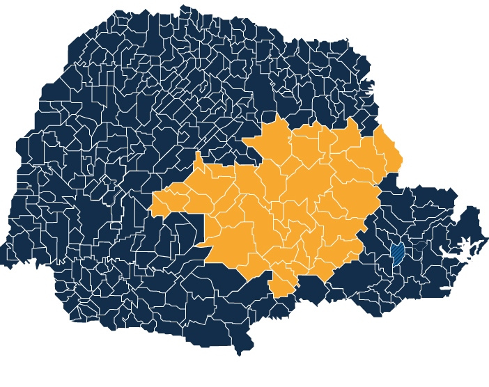 Mapa do Paraná, com destaque para os municípios das regiões Central e dos Campos Gerais. Imagem: Núcleo de Imagem/Diretoria de Comunicação Social TCE-PR