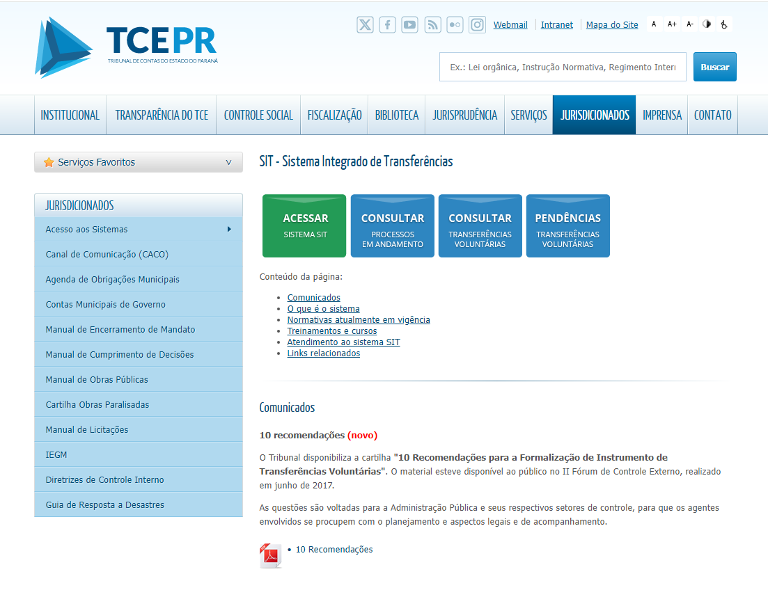 Tela inicial do Sistema Integrado de Transferências (SIT) do Tribunal de Contas do Estado do Paraná.