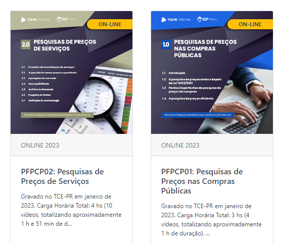 Os dois conteúdos do primeiro módulo da série Pesquisa de Preços e Serviços estão disponíveis no portal da Escola de Gestão Pública do TCE-PR.