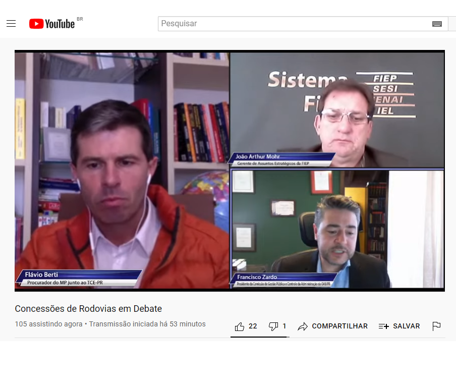 Participantes do debate sobre concessão de rodovias, realizado pela Escola de Gestão Pública do TCE-PR Imagem: Reprodução/YouTube