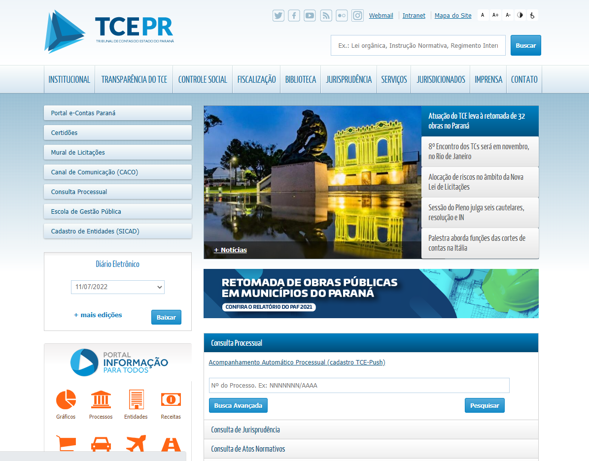 Tela inicial do site do TCE-PR