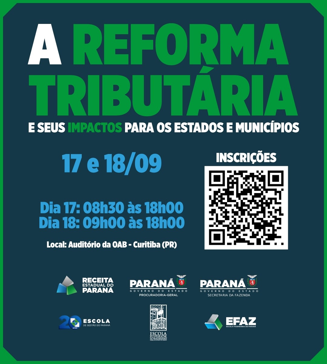 Anúncio do curso "A Reforma Tributária e seus impactos para os estados e municípios", promovido pela Escola de Gestão do Paraná nos dias 17 e 18 de setembro de 2025