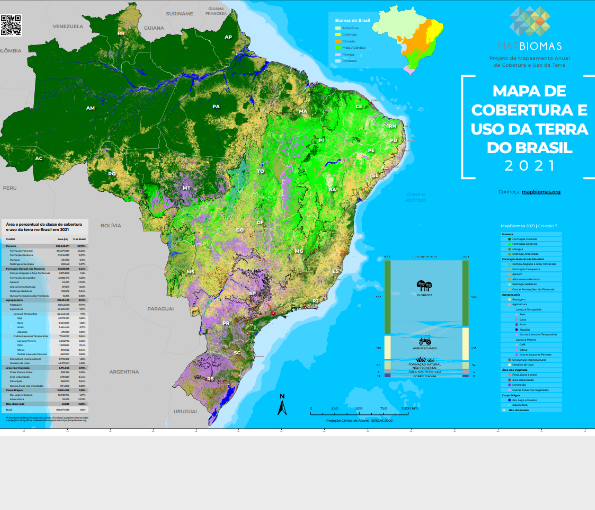 Mapa de Cobertura e Uso da Terra no ano de 2021, elaborado pelo MapBiomas.