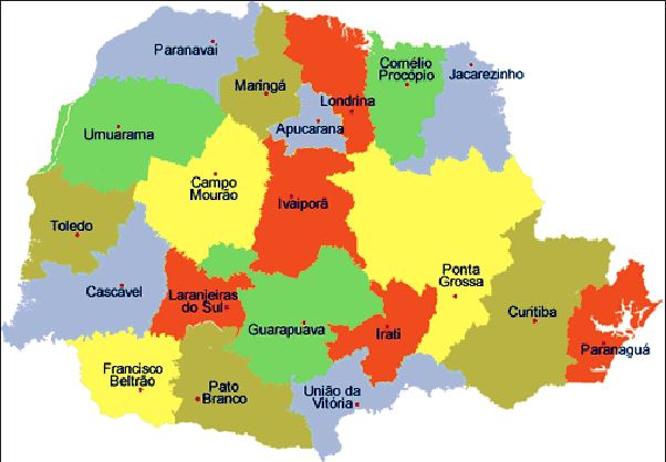 Mapa do Paraná, com os principais polos regionais do Estado