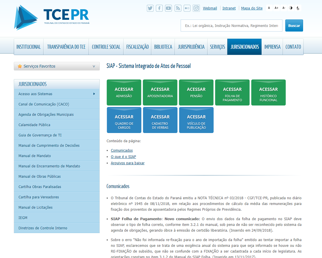 Tela de acesso ao Sistema Integrado de Atos de Pessoal (SIAP) do TCE-PR.