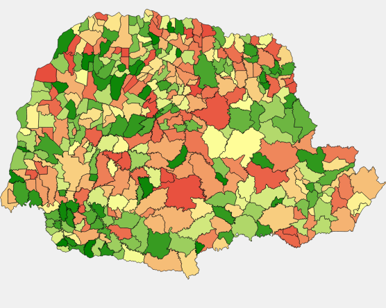 Mapa de evasão da segunda dose da vacinação contra a Covid-19 nos municípios do Paraná: quanto mais verde, menor o percentual; quanto mais vermelho, maior o percentual.