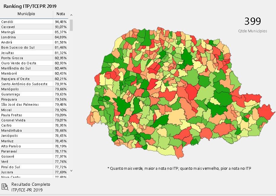 Mapa apresenta o ranking dos portais da transparência dos 399 municípios paranaenses, com base no Índice de Transparência da Administração Pública (ITP), desenvolvido pelo TCE-PR.
