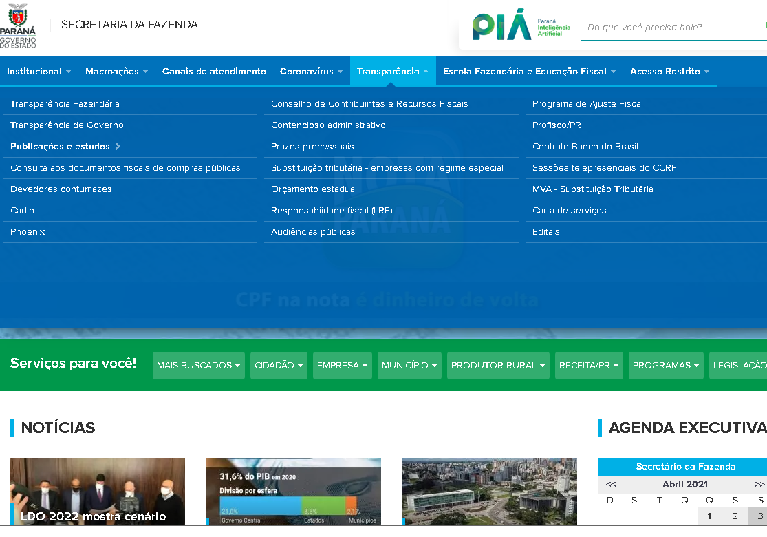 Portal da Transparência da Secretaria da Fazenda do Estado do Paraná (Sefa).