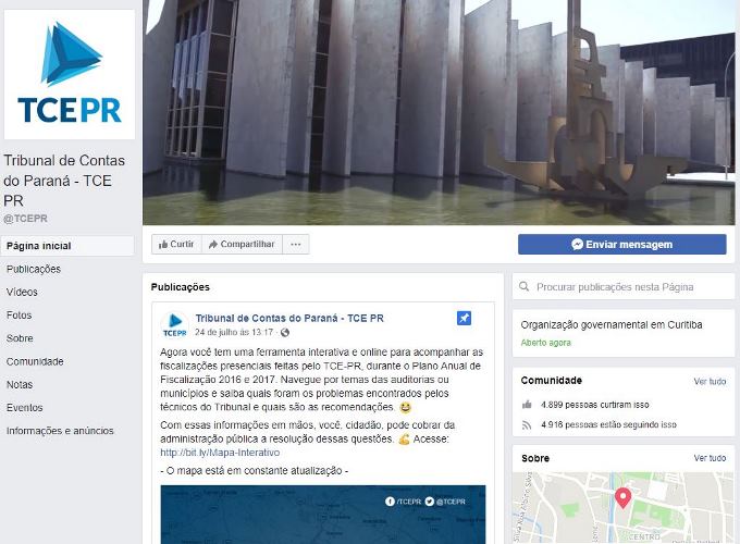 Tela inicial da página do TCE-PR no Facebook.