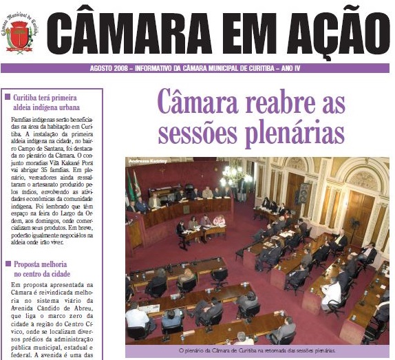 Reprodução da capa da edição de agosto de 2008 do informativo Câmara em Ação, editado pela Câmara Municipal de Curitiba
