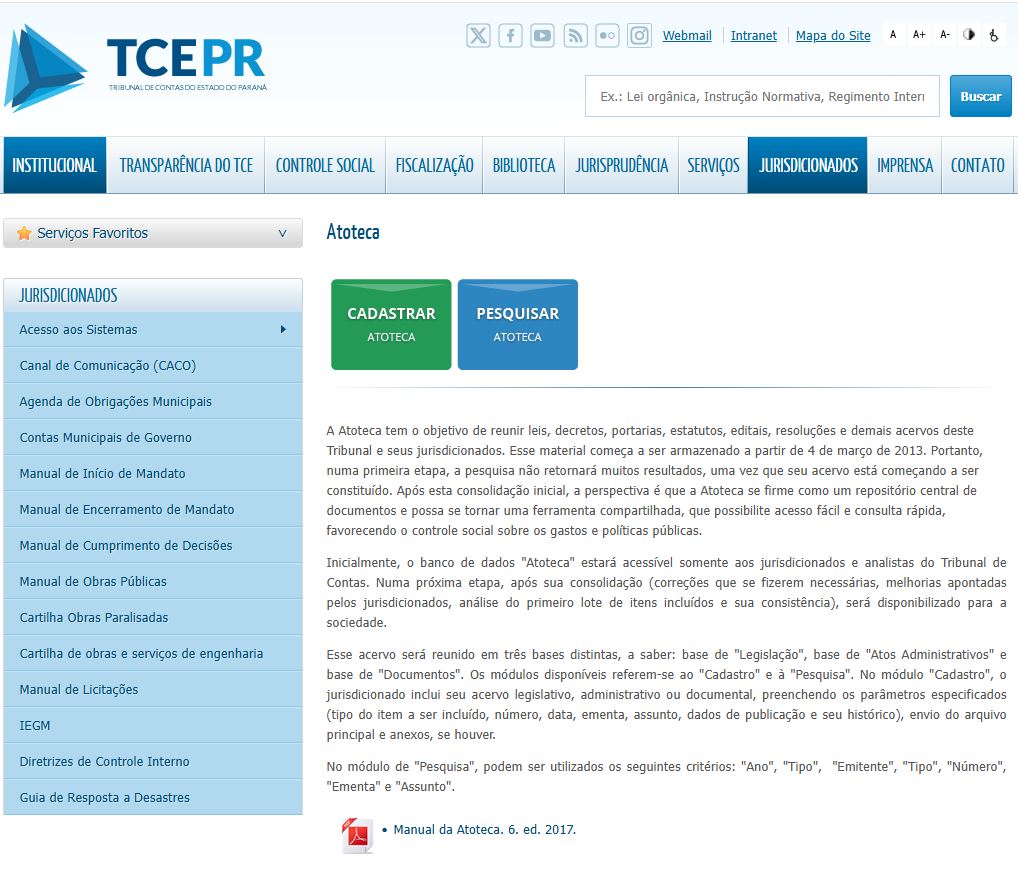 A Atoteca é um repositório de documentos oficiais (leis, decretos, portarias, estatutos, editais, resoluções, entre outros) emitidos pelo TCE-PR e seus fiscalizados.