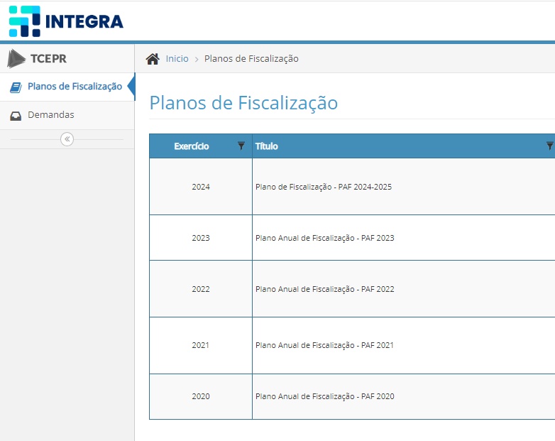 Tela inicial do sistema Integra, que unificou todas as fiscalizações executadas pelo TCE-PR, nas esferas municipal e estadual.