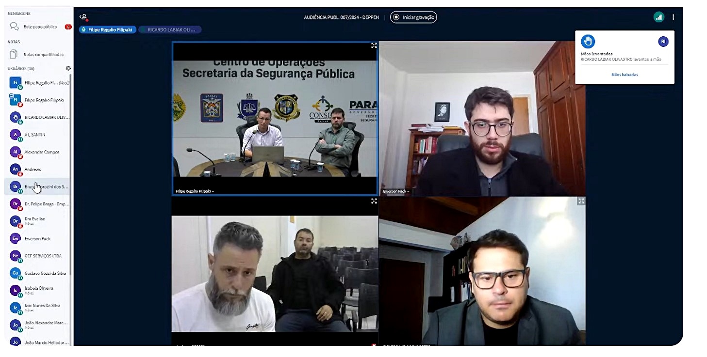 Audiência Pública n° 7/2024, realizada pelo Departamento de Polícia Penal do Estado do Paraná (Deppen) que precede  processo de contratação de serviços de fornecimento de refeições para as unidades penais do Estado. Foto: TCE-PR
