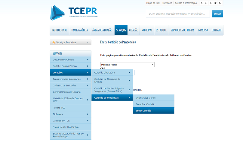 TCE-PR disponibiliza no seu portal na internet o serviço de consulta e emissão de Certidão de Pendências da Diretoria de Execuções (DEX) da corte