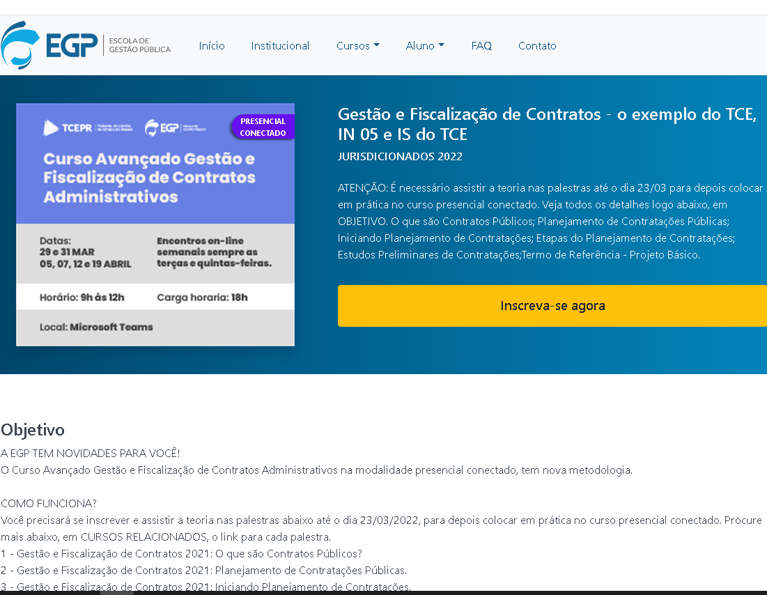 Escola de Gestão Pública do TCE-PR recebe inscrições para o Curso Avançado de Gestão e Fiscalização de Contratos Administrativos.