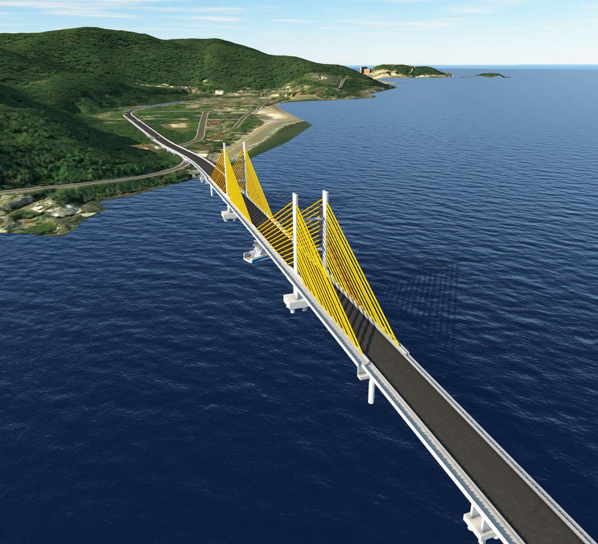 Perspectiva artística da futura ponte sobre a Baía de Guaratuba, na PR-412, ligando os municípios paranaenses de Matinhos e Guaratuba. Imagem: Divulgação/DER-PR